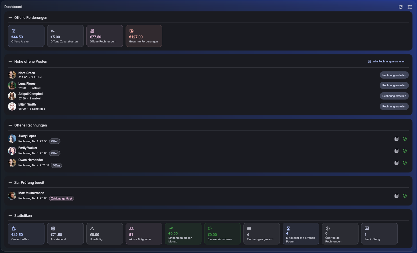 TrackMyDrinks Dashboard – Manager-Übersicht mit offenen Forderungen, Rechnungen und Statistiken