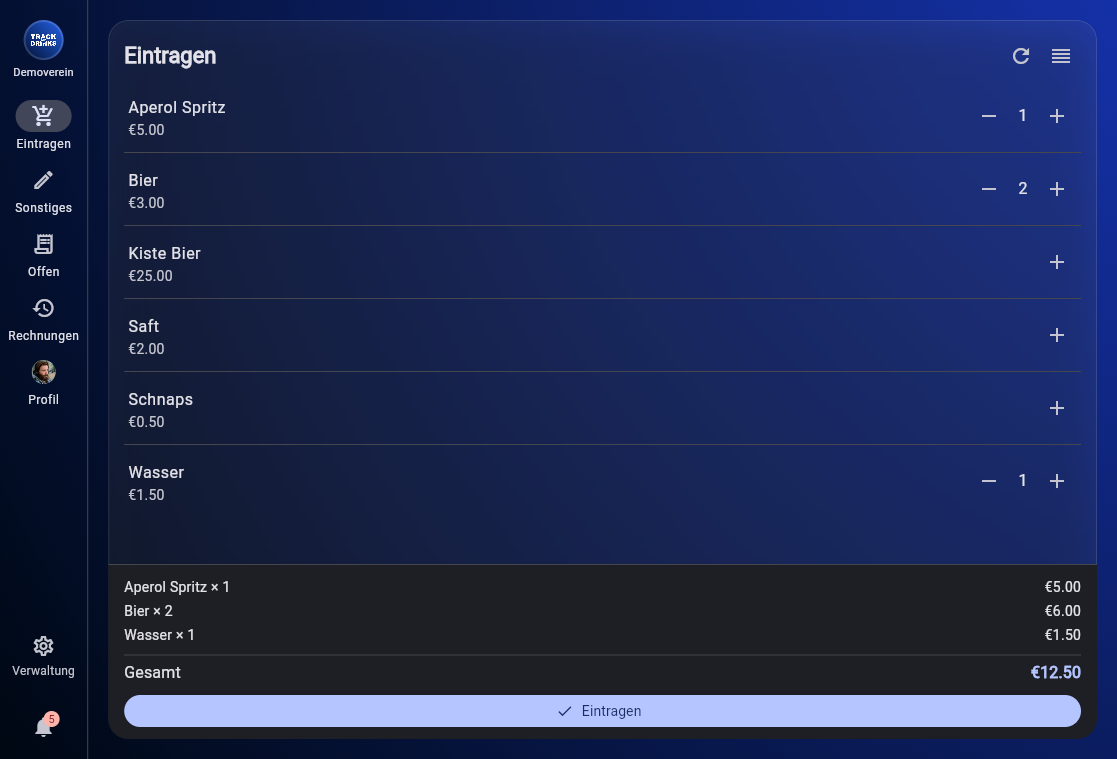 Bestell-Ansicht am Desktop